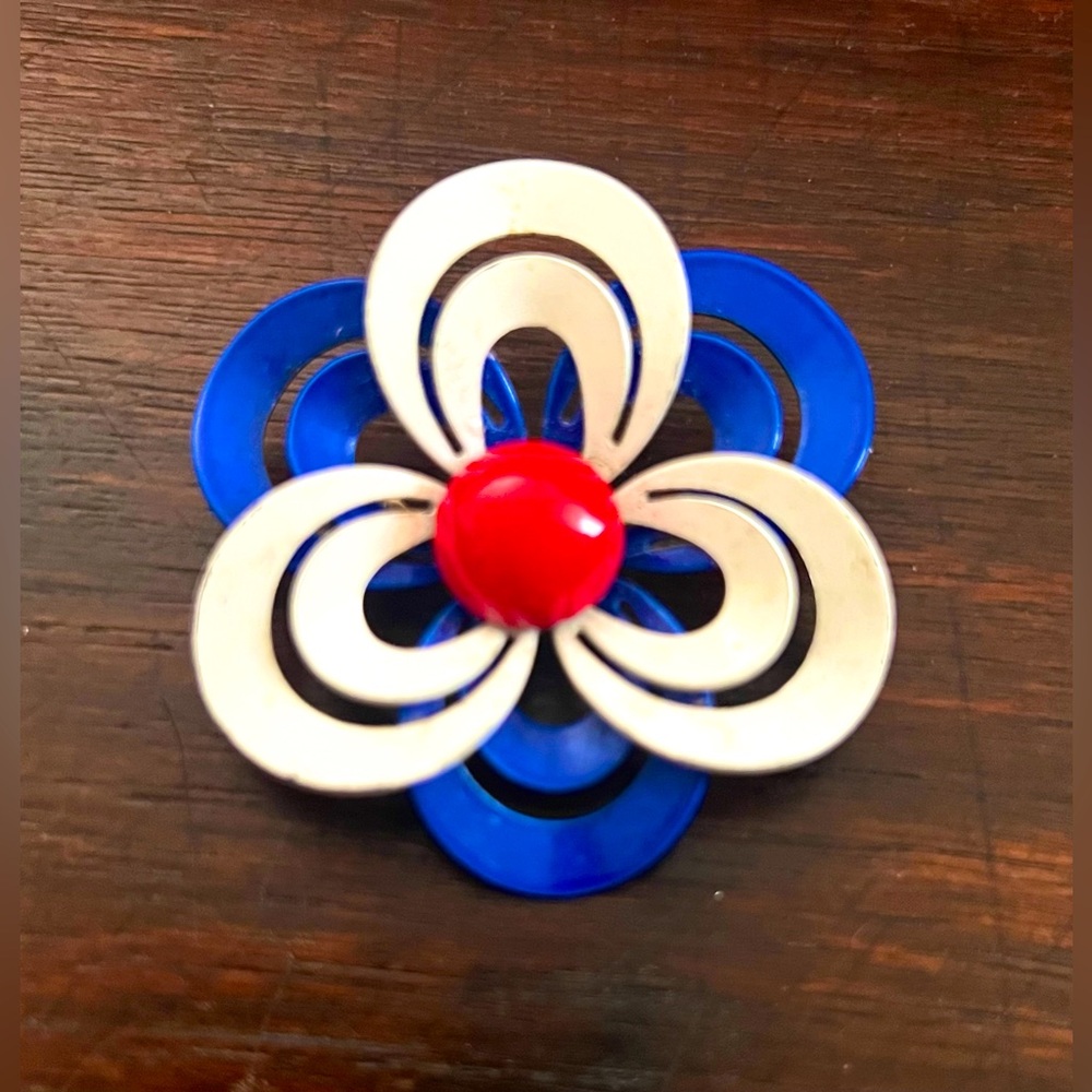 Vintage Enamel Flower Brooch Red White Blue Mod
